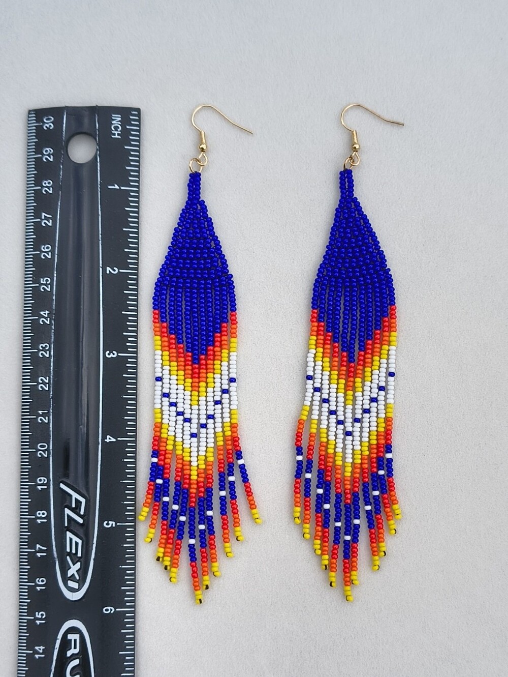 Native American Handmade Beaded Fringe Earrings Royal Blue Fire Colors - Picture 7 of 7